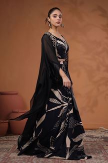 Picture of Splendid Black Designer Palazzo Suit with Cape for Party