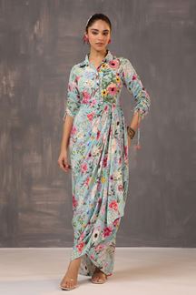 Picture of Creative Blue Floral Printed Designer Indo-Western Outfit for Party and Haldi