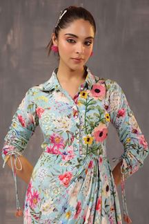 Picture of Creative Blue Floral Printed Designer Indo-Western Outfit for Party and Haldi