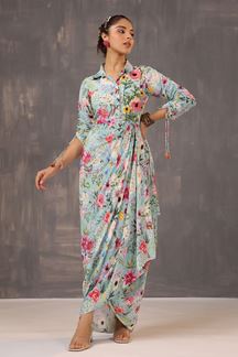 Picture of Creative Blue Floral Printed Designer Indo-Western Outfit for Party and Haldi