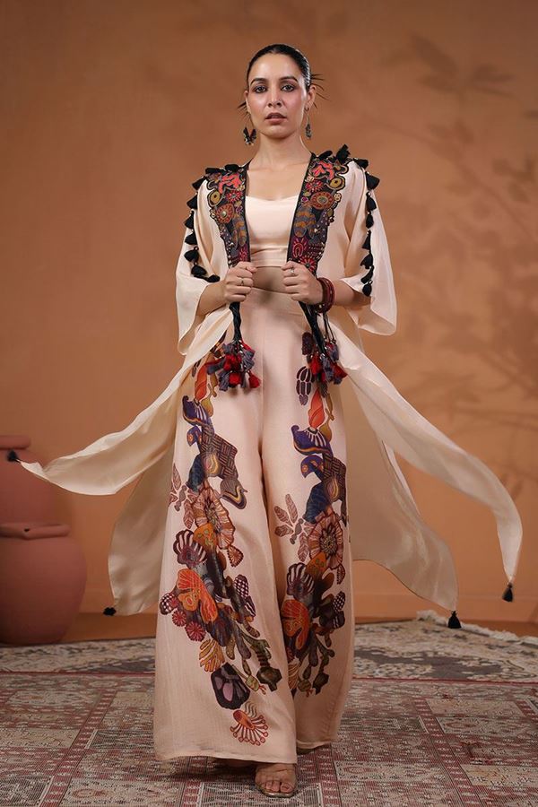 Picture of Fashionable Peach Designer Palazzo Suit with Fancy Jacket for Party and Sangeet