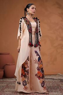 Picture of Fashionable Peach Designer Palazzo Suit with Fancy Jacket for Party and Sangeet