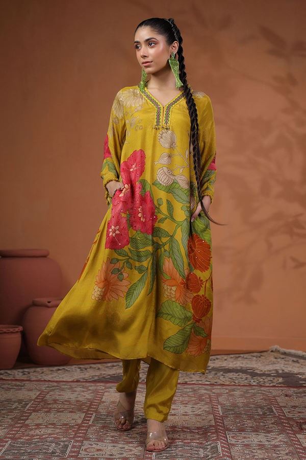 Picture of Aesthetic Mustard Muslin Designer Straight Cut Suit for Party and Haldi