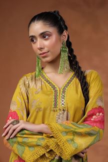 Picture of Aesthetic Mustard Muslin Designer Straight Cut Suit for Party and Haldi