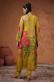 Picture of Aesthetic Mustard Muslin Designer Straight Cut Suit for Party and Haldi