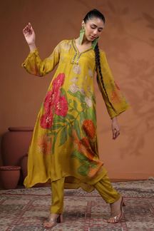 Picture of Aesthetic Mustard Muslin Designer Straight Cut Suit for Party and Haldi