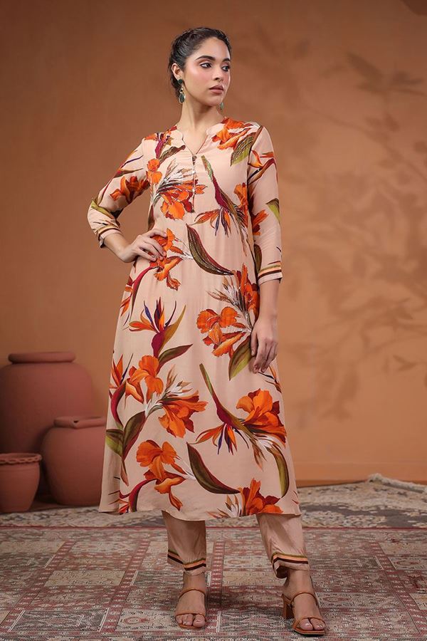 Picture of Enticing Peach Floral Printed Designer Straight Cut Suit for Party