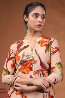 Picture of Enticing Peach Floral Printed Designer Straight Cut Suit for Party