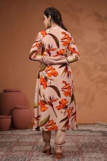 Picture of Enticing Peach Floral Printed Designer Straight Cut Suit for Party