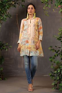 Picture of Glamorous Floral Printed Linen Silk Designer Short Top for Casual Wear 