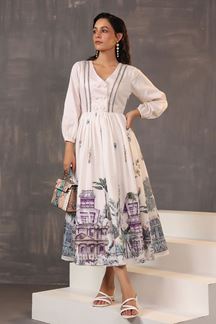 Picture of Impressive Off-White Fine Cotton Printed Designer Indo-Western Outfit for Party