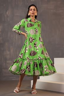 Picture of Heavenly Green Fine Cotton Printed Designer Indo-Western Outfit for Party