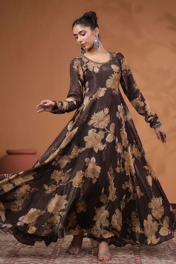 Picture of Spectacular Brown Floral Printed Designer Gown for Party