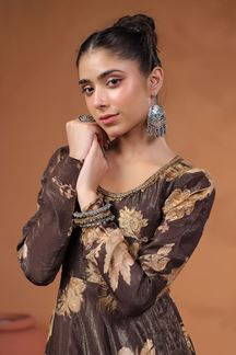 Picture of Spectacular Brown Floral Printed Designer Gown for Party