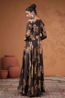 Picture of Spectacular Brown Floral Printed Designer Gown for Party