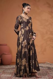 Picture of Spectacular Brown Floral Printed Designer Gown for Party