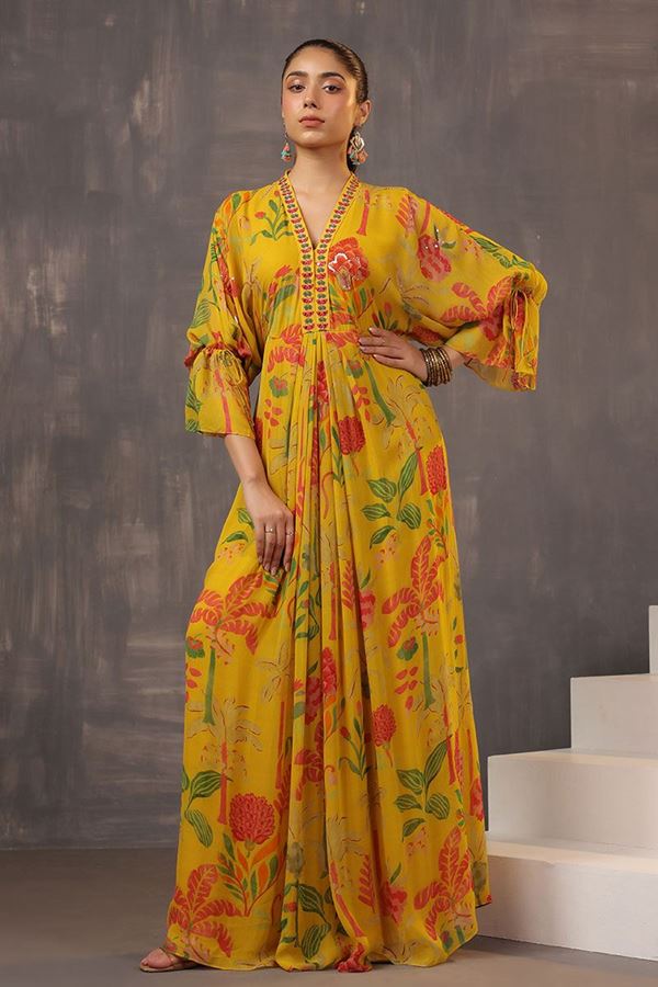 Picture of Fascinating Mustard Floral Printed Designer Gown for Party and Haldi