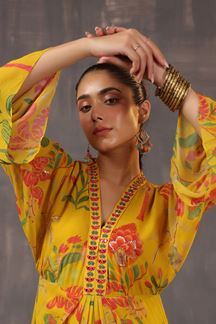 Picture of Fascinating Mustard Floral Printed Designer Gown for Party and Haldi