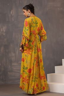 Picture of Fascinating Mustard Floral Printed Designer Gown for Party and Haldi