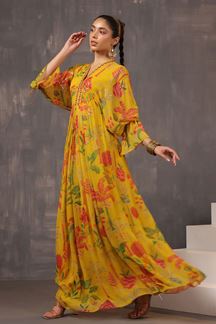 Picture of Fascinating Mustard Floral Printed Designer Gown for Party and Haldi