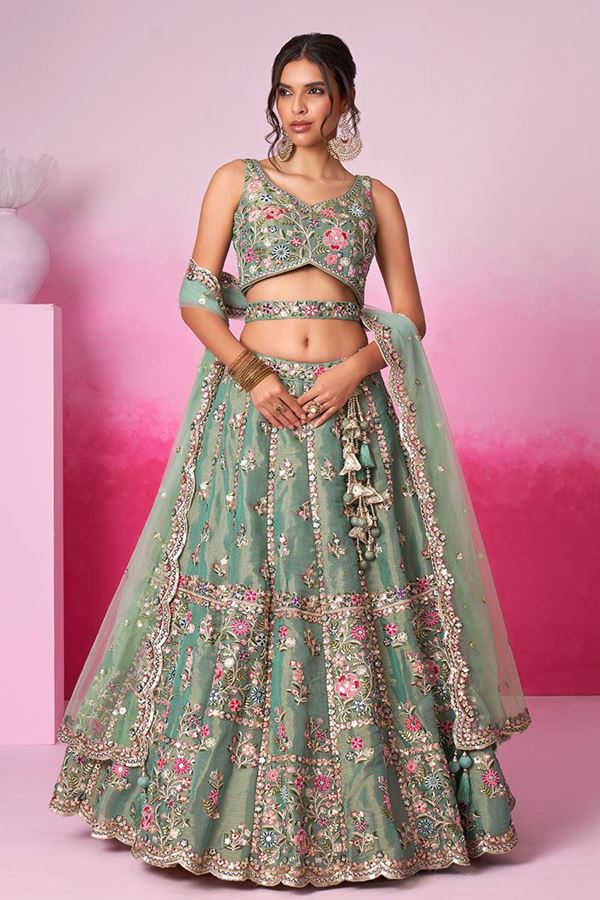 Picture of Outstanding Sea Green Designer Indo-Western Lehenga Choli for Reception and Engagement