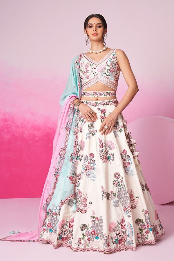 Picture of Fascinating Cream Designer Indo-Western Lehenga Choli for Wedding and Engagement