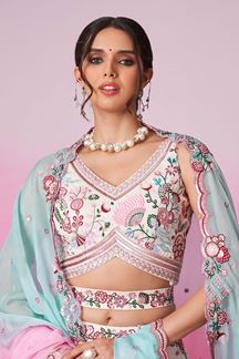 Picture of Fascinating Cream Designer Indo-Western Lehenga Choli for Wedding and Engagement