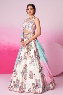 Picture of Fascinating Cream Designer Indo-Western Lehenga Choli for Wedding and Engagement