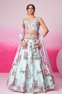 Picture of Dazzling Turquoise Blue Designer Indo-Western Lehenga Choli for Reception and Engagement