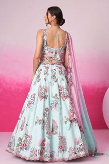 Picture of Dazzling Turquoise Blue Designer Indo-Western Lehenga Choli for Reception and Engagement