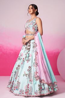 Picture of Dazzling Turquoise Blue Designer Indo-Western Lehenga Choli for Reception and Engagement