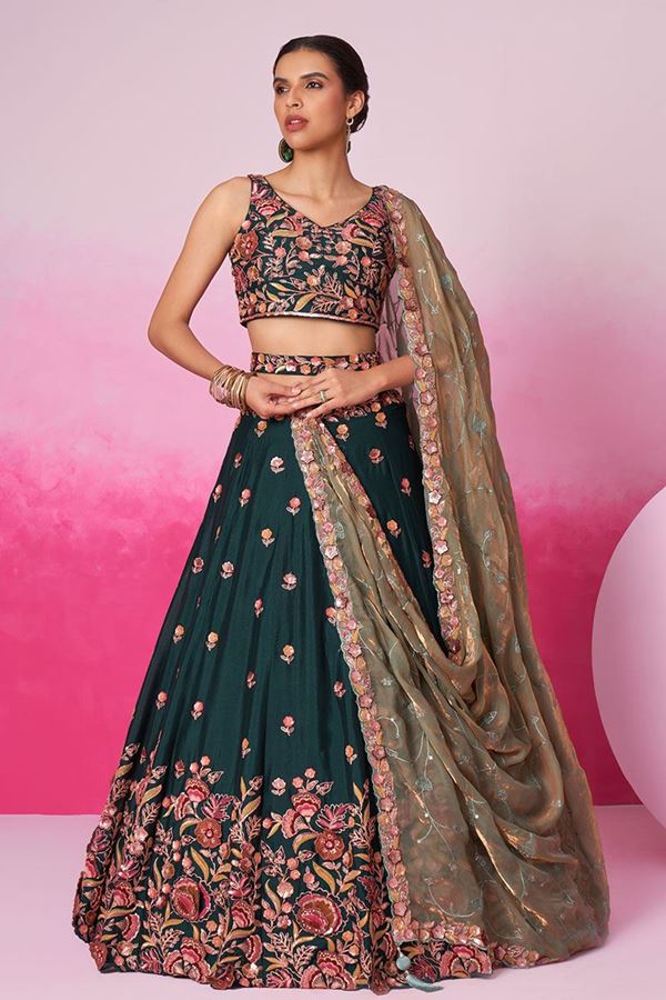 Picture of Striking Green Designer Indo-Western Lehenga Choli for Mehendi and Wedding 