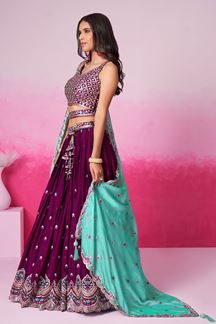 Picture of Flamboyant Burgundy Designer Indo-Western Lehenga Choli for Wedding and Engagement