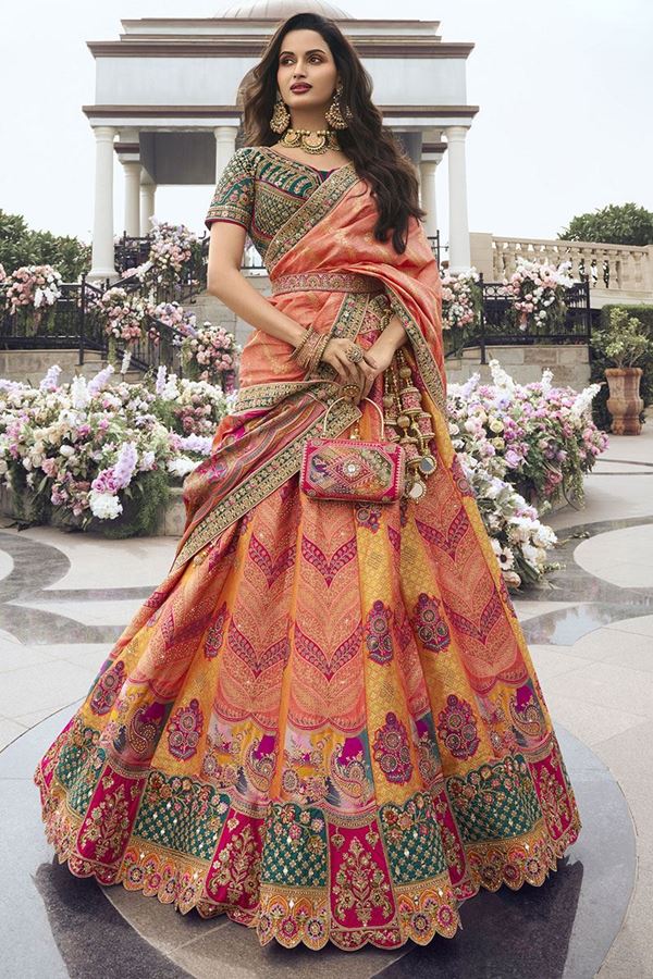 Picture of Charismatic Peach, Yellow and Green Designer Bridal Lehenga Choli for Wedding and Reception