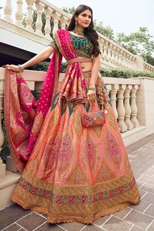 Picture of Smashing Peach and Green Designer Bridal Lehenga Choli for Wedding and Reception