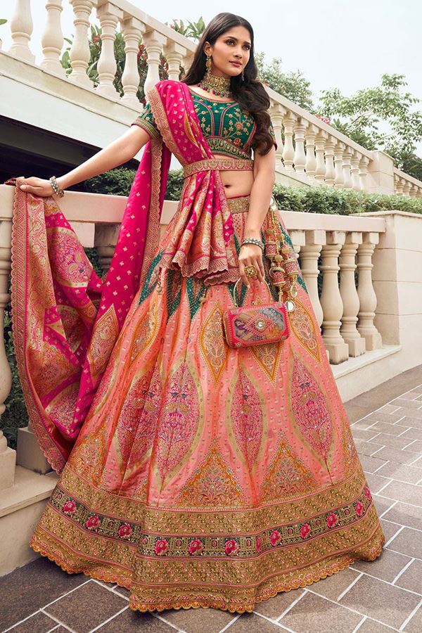 Picture of Smashing Peach and Green Designer Bridal Lehenga Choli for Wedding and Reception