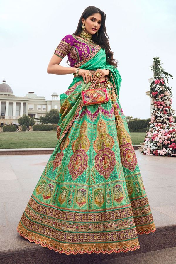 Picture of Dazzling Sky Green and Purple Designer Bridal Lehenga Choli for Wedding and Reception