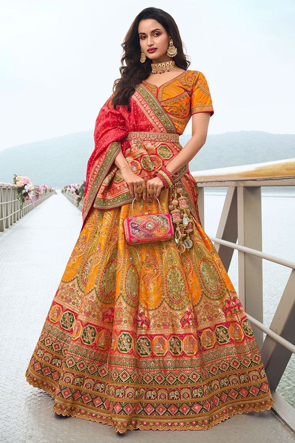 Picture of Striking Orange and Pink Designer Bridal Lehenga Choli for Wedding and Reception