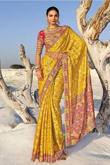 Picture of Royal Yellow Georgette Designer Saree with Belt for Wedding and Reception 