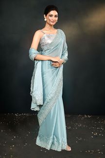 Picture of Creative Light Blue Party wear Designer Saree for Engagement and Reception