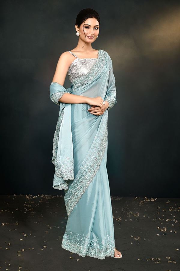 Picture of Creative Light Blue Party wear Designer Saree for Engagement and Reception