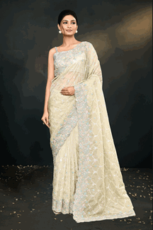 Picture of Lovely Yellow Organza Silk Designer Saree for Engagement and Reception