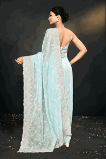 Picture of Appealing Sky Blue Party Wear  Designer Saree for Engagement and Reception