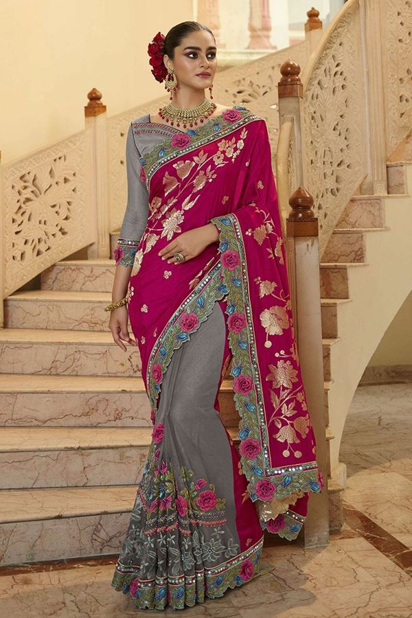 Picture of Flamboyant Silk and Net Designer Saree for Engagement, Weddings, Reception, Party and Festivals