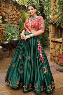 Picture of Charismatic Sage Green and Red Designer Navratri Lehenga Choli for Garba Raas 