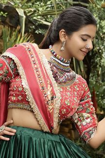 Picture of Charismatic Sage Green and Red Designer Navratri Lehenga Choli for Garba Raas 