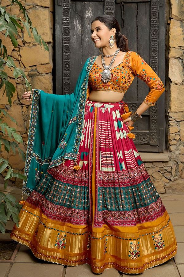 Picture of Smashing Teal and Mustard Designer Navratri Lehenga Choli for Garba Raas 