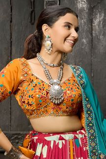 Picture of Smashing Teal and Mustard Designer Navratri Lehenga Choli for Garba Raas 