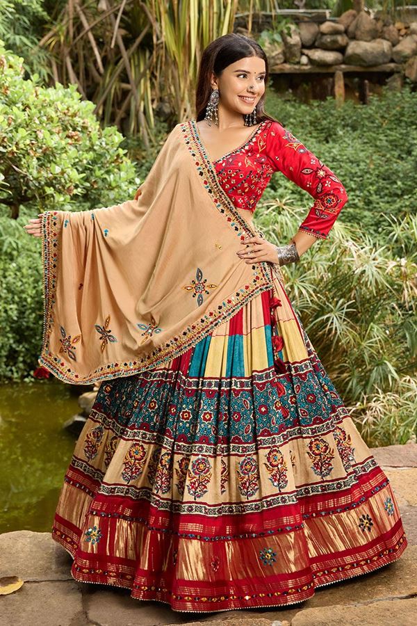 Picture of Fascinating Beige and Multi Designer Navratri Lehenga Choli for Garba Raas 