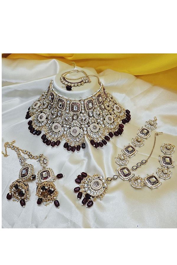 Picture of Marvelous Maroon Designer Bridal Necklace Set for Wedding and Reception